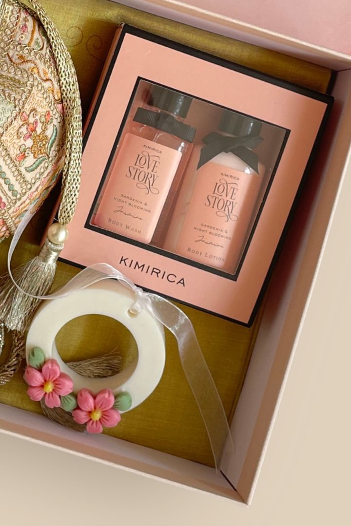 Mother's Day Hamper - Jia Embroidered Multicolour Potli - Care & Fragrance Box