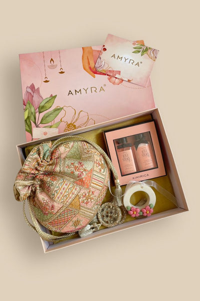 Mother's Day Hamper - Jia Embroidered Multicolour Potli - Care & Fragrance Box