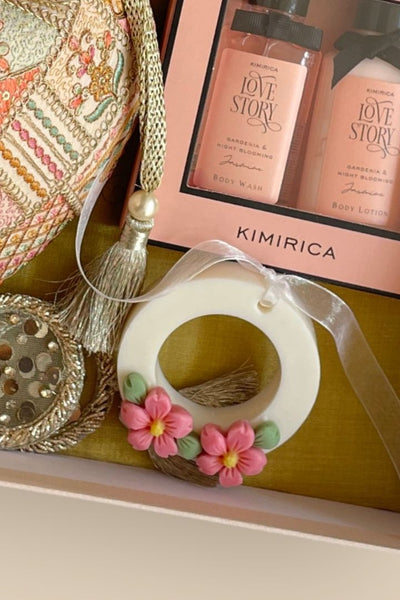 Mother's Day Hamper - Jia Embroidered Multicolour Potli - Care & Fragrance Box