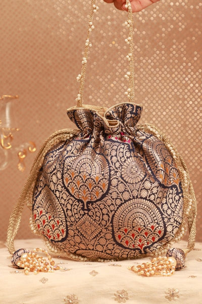 Kashi Pure Banarasi Silk Potli - Navy