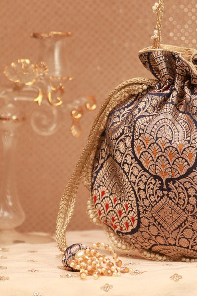 Kashi Pure Banarasi Silk Potli - Navy