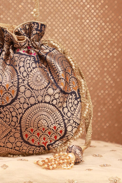 Kashi Pure Banarasi Silk Potli - Navy