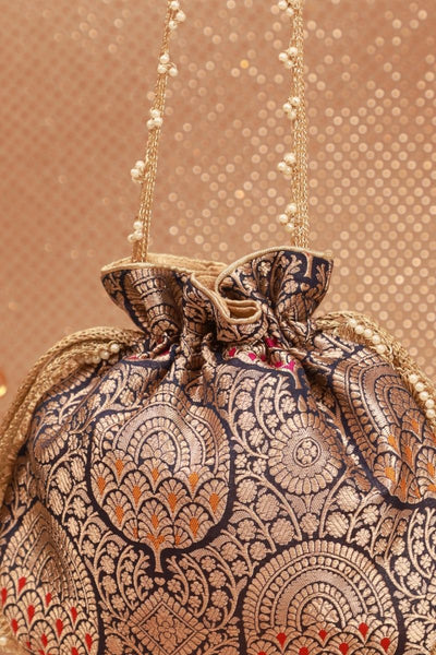 Kashi Pure Banarasi Silk Potli - Navy
