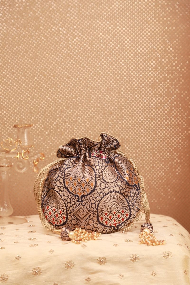 Kashi Pure Banarasi Silk Potli - Navy