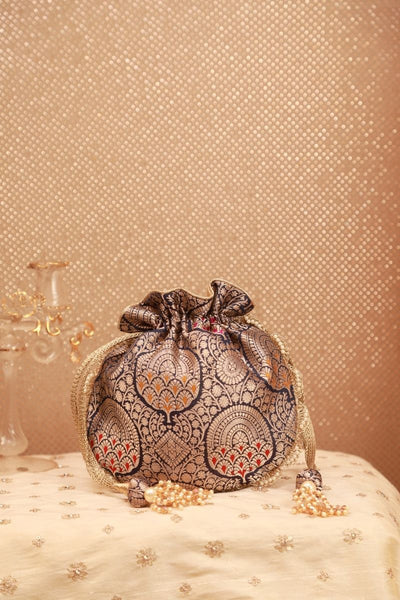 Kashi Pure Banarasi Silk Potli - Navy