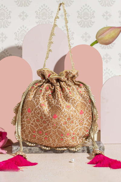 AMYRA Kashi Pure Banarasi Silk Potli - Cream & Pink