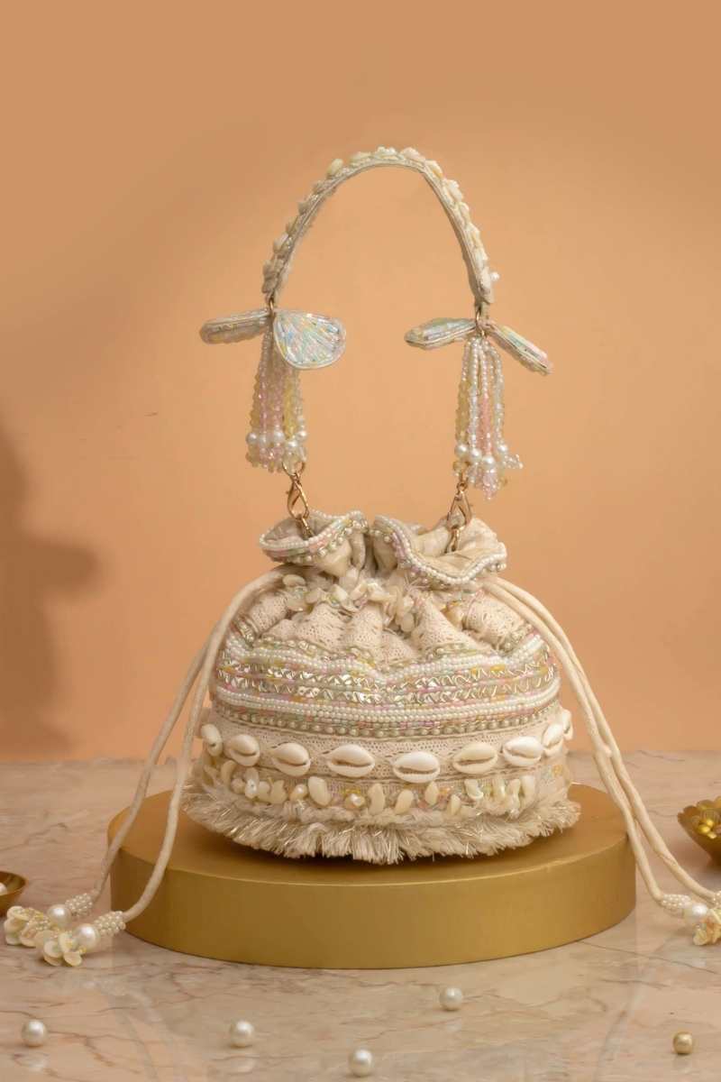 Leher Embroidered Mini Potli - Off-White