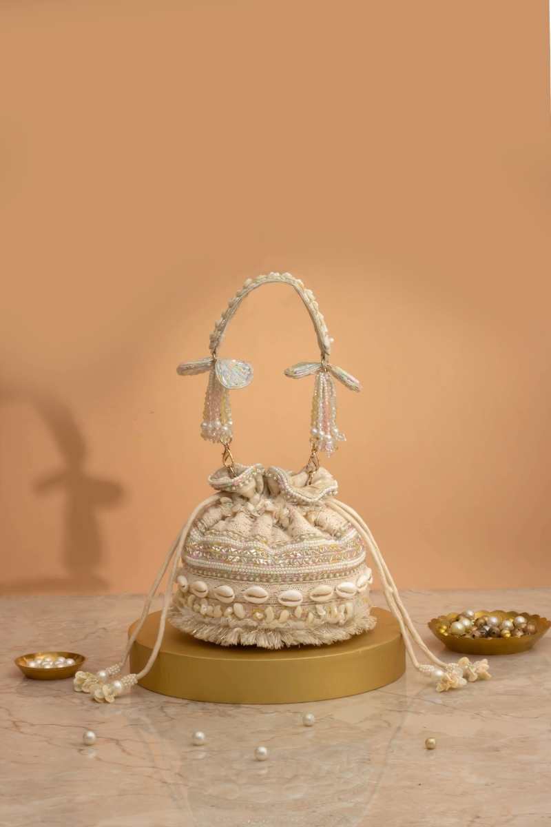 Leher Embroidered Mini Potli - Off-White