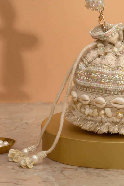 Leher Embroidered Mini Potli - Off-White
