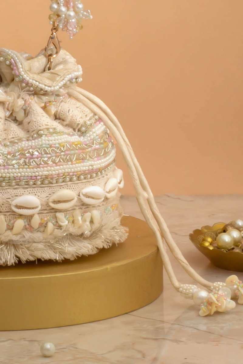 Leher Embroidered Mini Potli - Off-White
