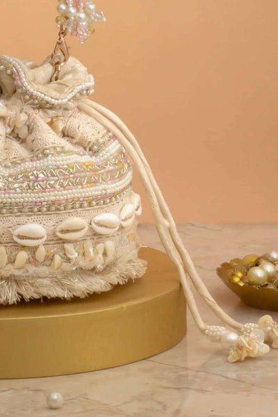 Leher Embroidered Mini Potli - Off-White