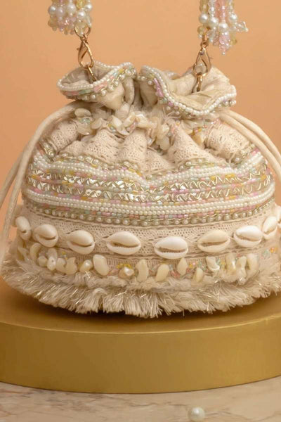 Leher Embroidered Mini Potli - Off-White