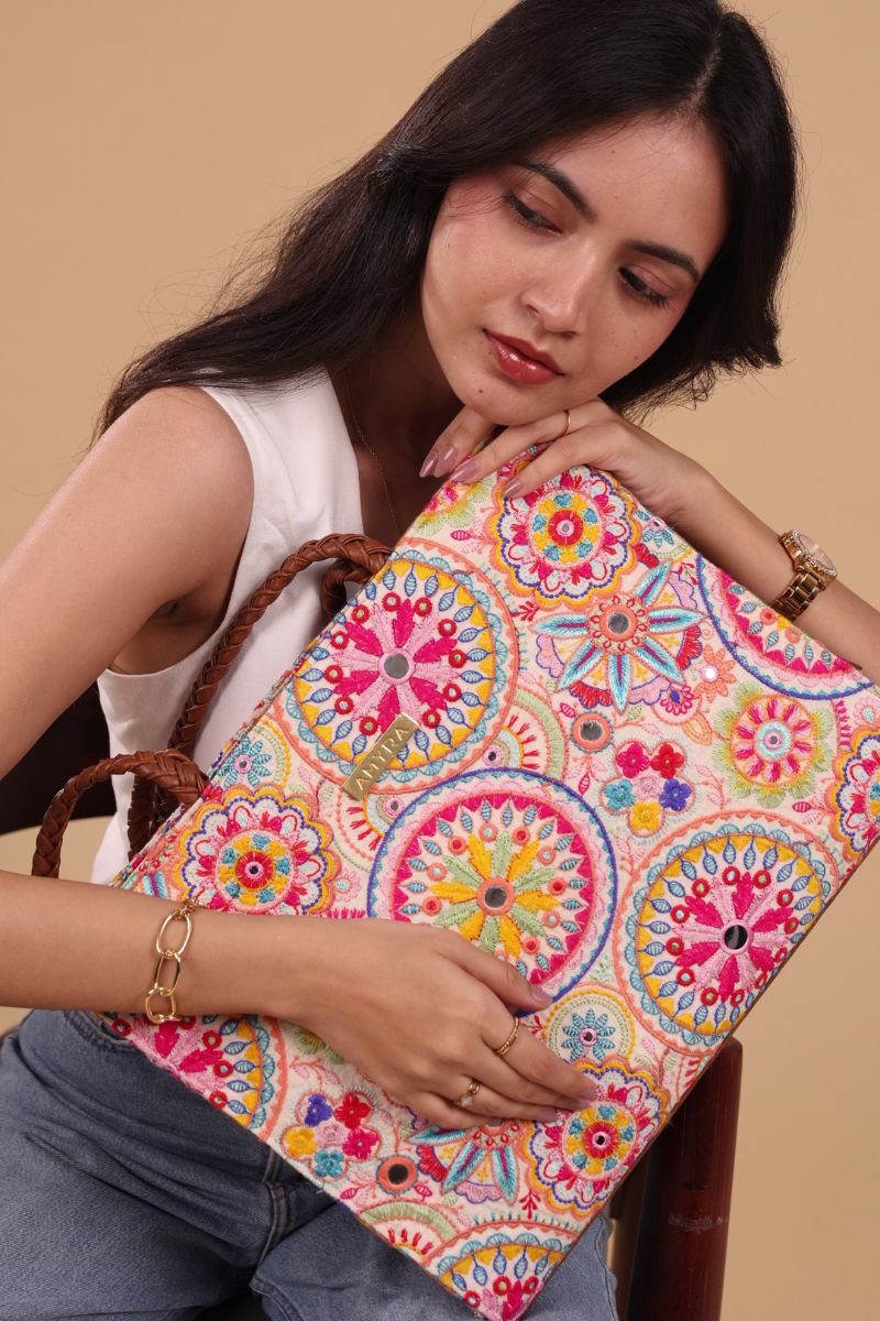 Lily Embroidered Multicolor Box Tote Bag