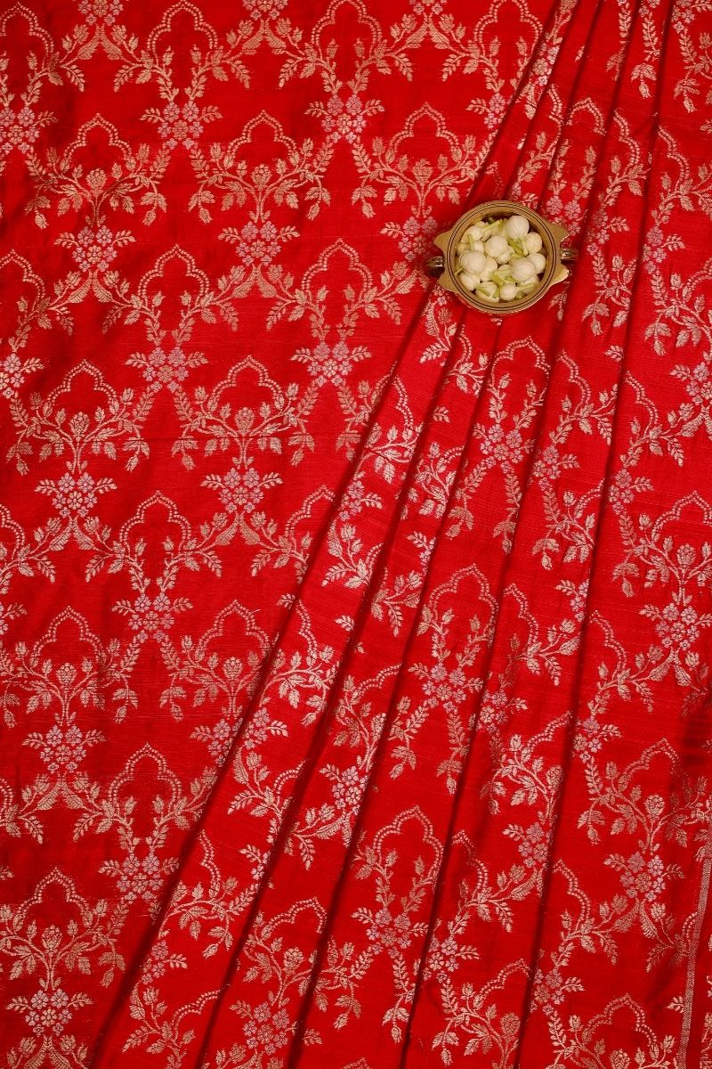 Maitri Handloom Raw Silk Gold Zari Fabric - Red