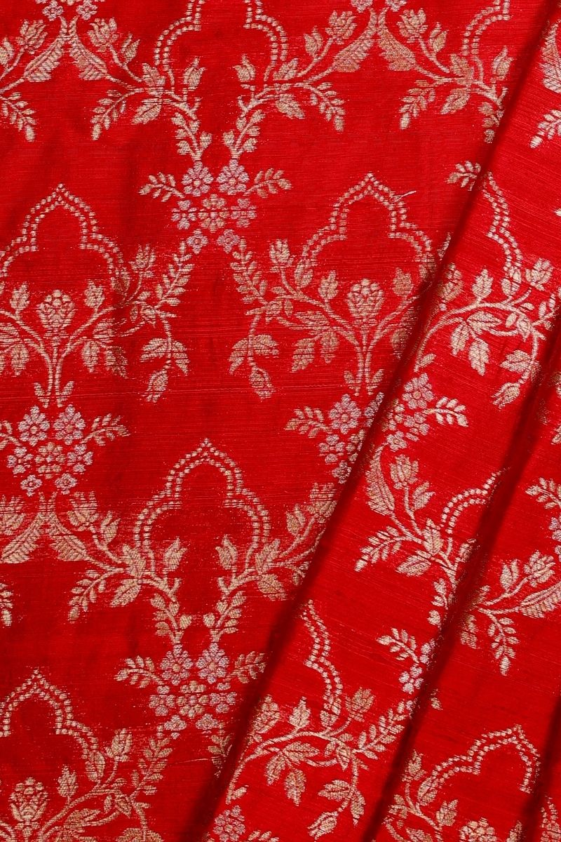 Maitri Handloom Raw Silk Gold Zari Fabric - Red