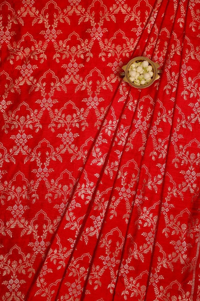 Maitri Handloom Raw Silk Gold Zari Fabric - Red