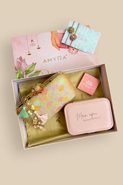 Rakhi Hamper - Manjari Pure Banarasi Silk Box Clutch - Multi color - Care & Accessory Box