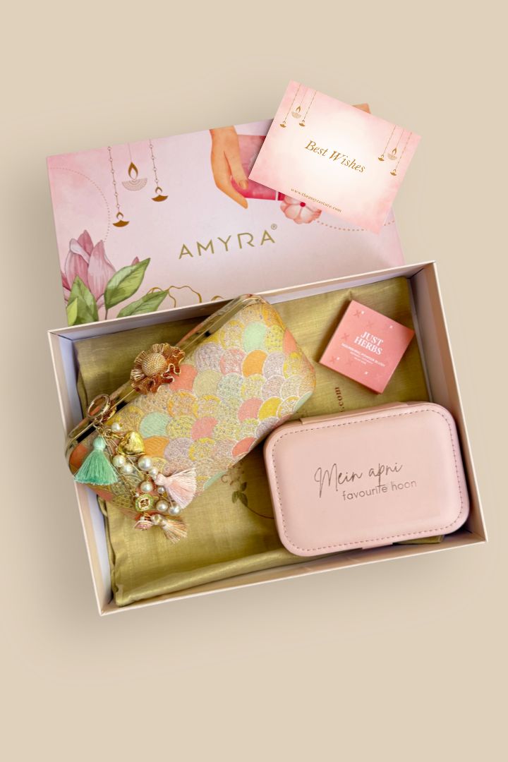 Gift Hamper - Manjari Pure Banarasi Silk Box Clutch - Multi color - Care & Accessory Box