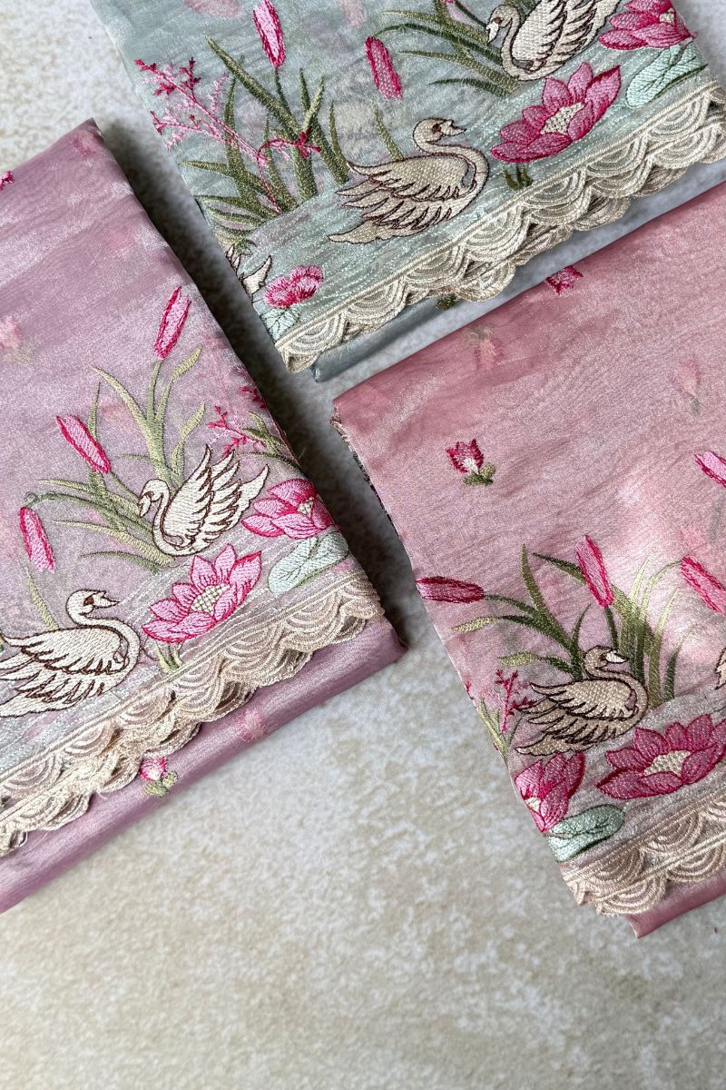 Mirari Thread Embroidered Kora Organza Dupatta - Pink