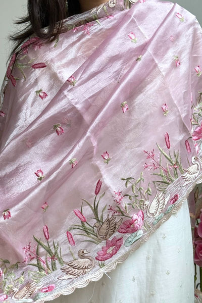 Mirari Thread Embroidered Kora Organza Dupatta - Lilac