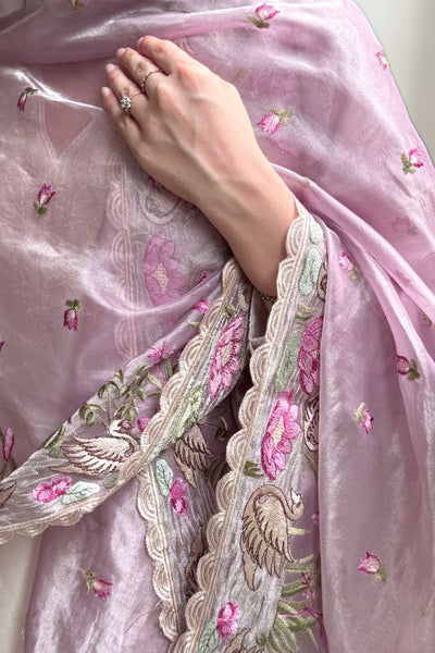 Mirari Thread Embroidered Kora Organza Dupatta - Lilac