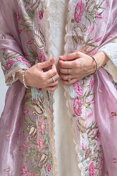 Mirari Thread Embroidered Kora Organza Dupatta - Lilac