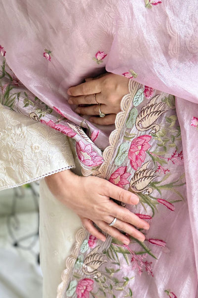 Mirari Thread Embroidered Kora Organza Dupatta - Lilac