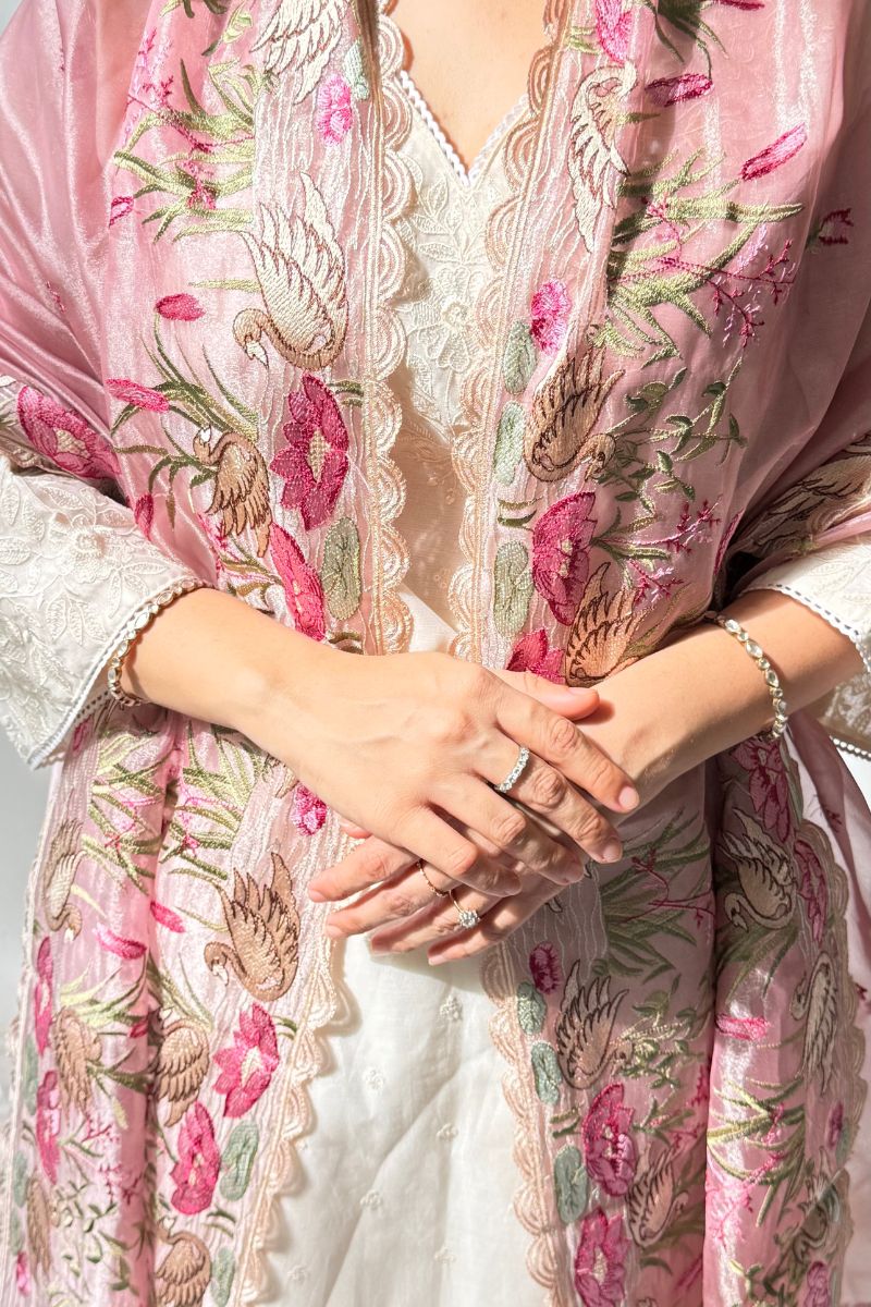 Mirari Thread Embroidered Kora Organza Dupatta - Pink