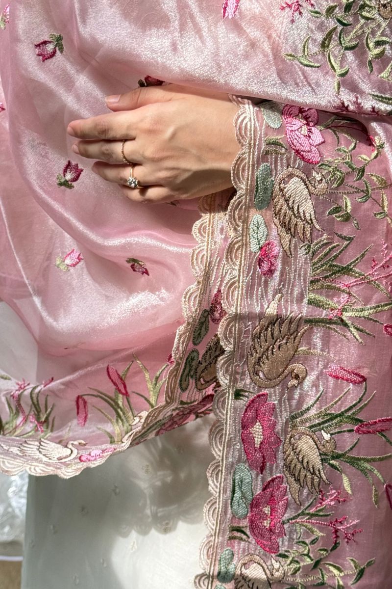 Mirari Thread Embroidered Kora Organza Dupatta - Pink