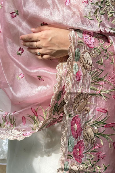 Mirari Thread Embroidered Kora Organza Dupatta - Pink