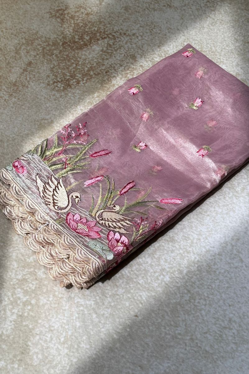Mirari Thread Embroidered Kora Organza Dupatta - Pink