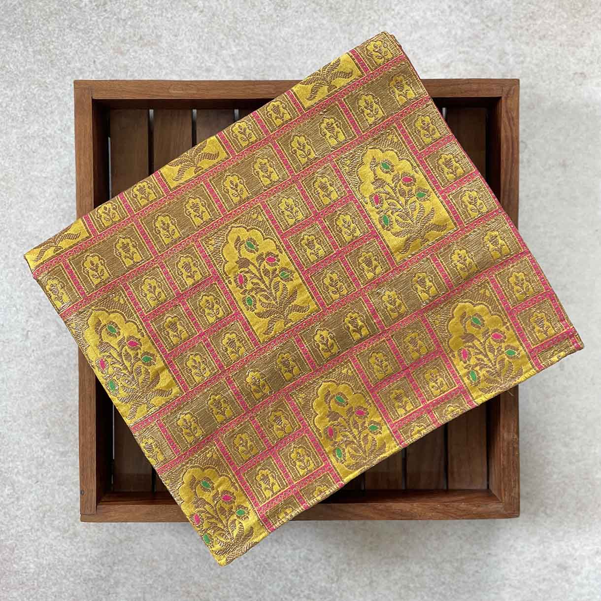 Mustard Handloom Pure Katan Silk Gold Zari Brocade Banarasi Fabric