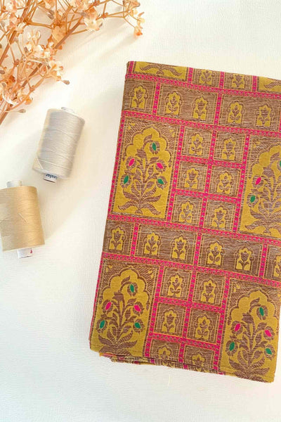 AMYRA Mustard Handloom Pure Katan Silk Gold Zari Brocade Banarasi Fabric