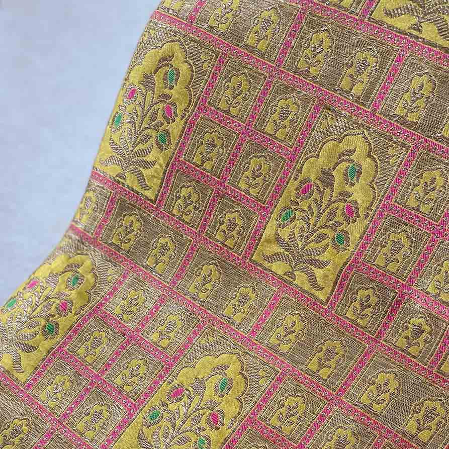 Mustard Handloom Pure Katan Silk Gold Zari Brocade Banarasi Fabric