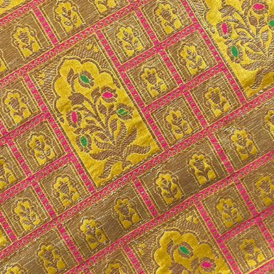 Mustard Handloom Pure Katan Silk Gold Zari Brocade Banarasi Fabric