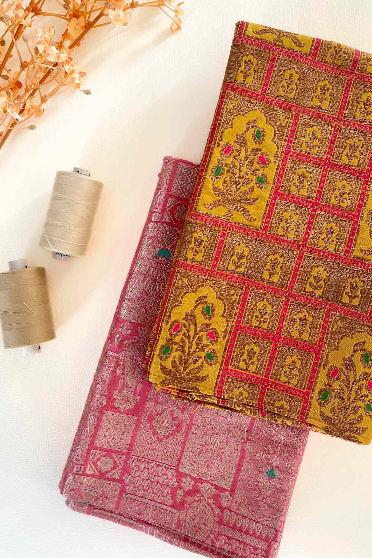 Mustard Handloom Pure Katan Silk Gold Zari Brocade Banarasi Fabric