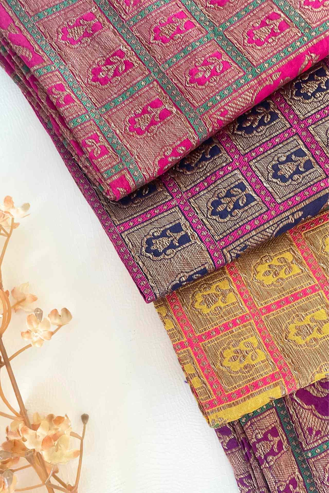 Mustard Handloom Pure Katan Silk Gold Zari Brocade Banarasi Fabric