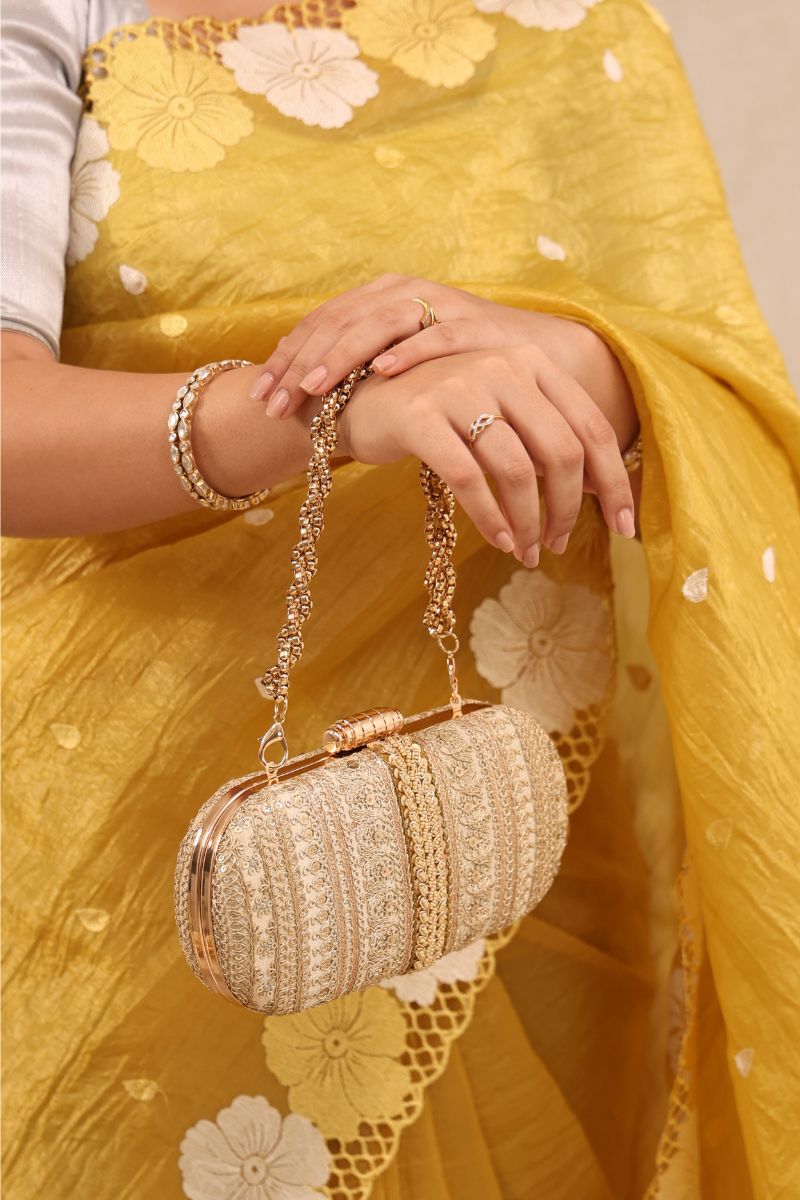 Buy AMYRA Naaz Embroidered Capsule Clutch Gold online The