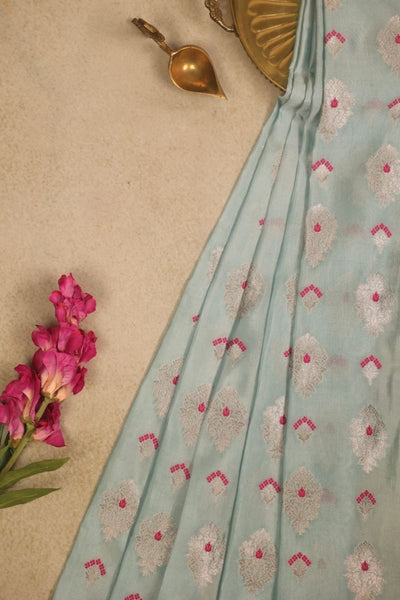 Nihari Handloom Dupion Silk with Gold Zari Fabric - Aqua Blue