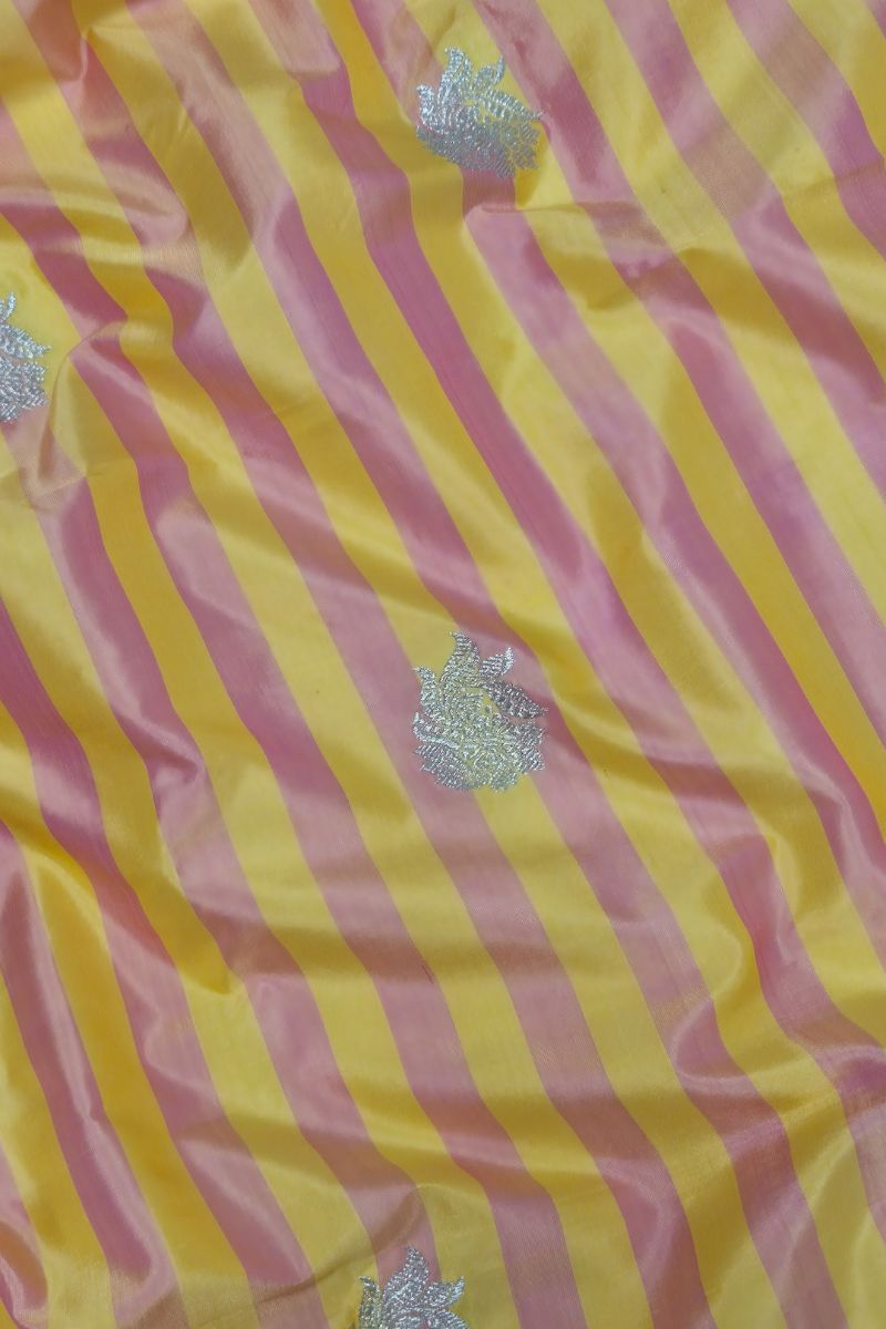 Nirvana Handloom Katan Silk with Gold Zari Buta Fabric - Yellow & Pink