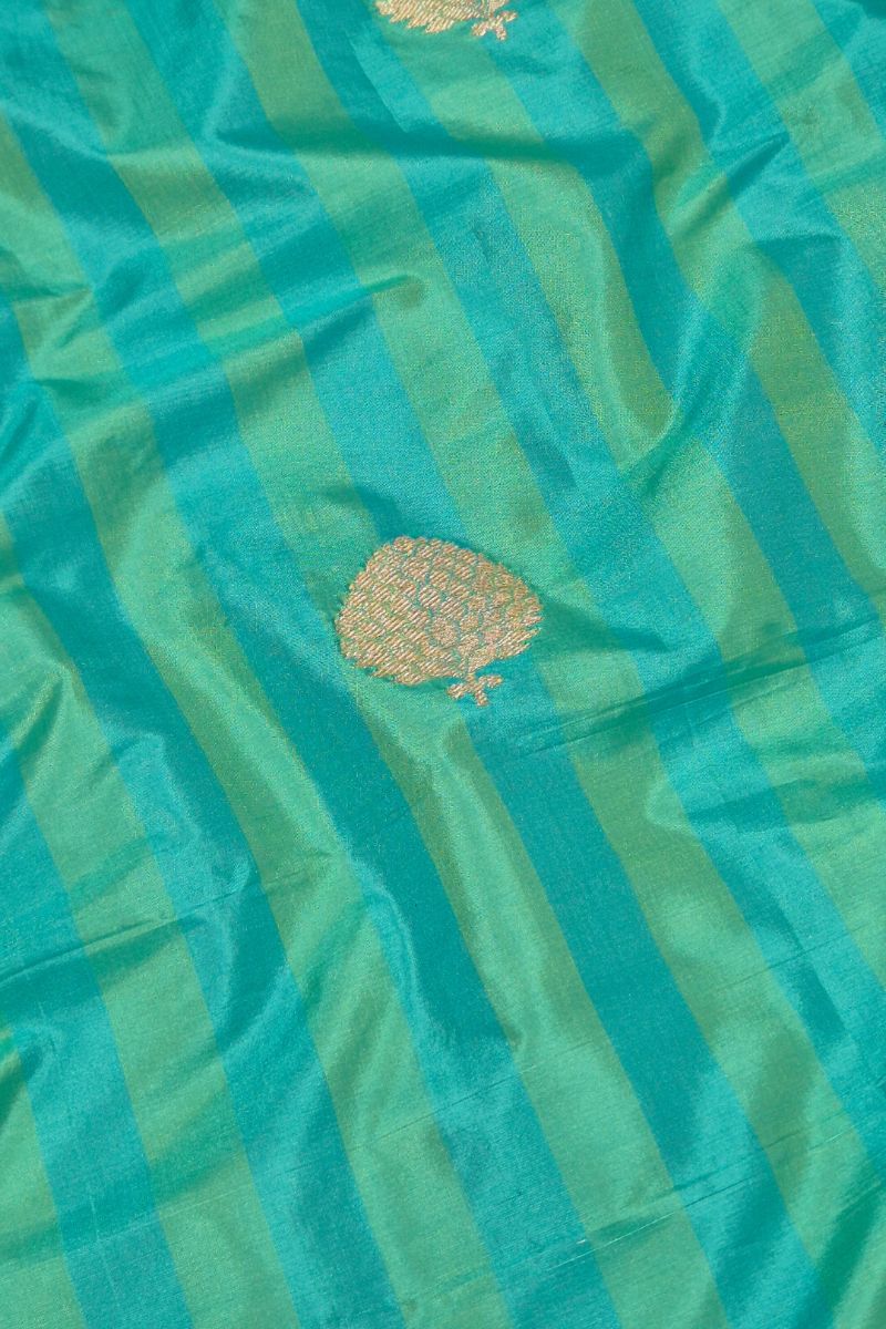 Nirvana Handloom Katan Silk with Gold Zari Buta Fabric - Green