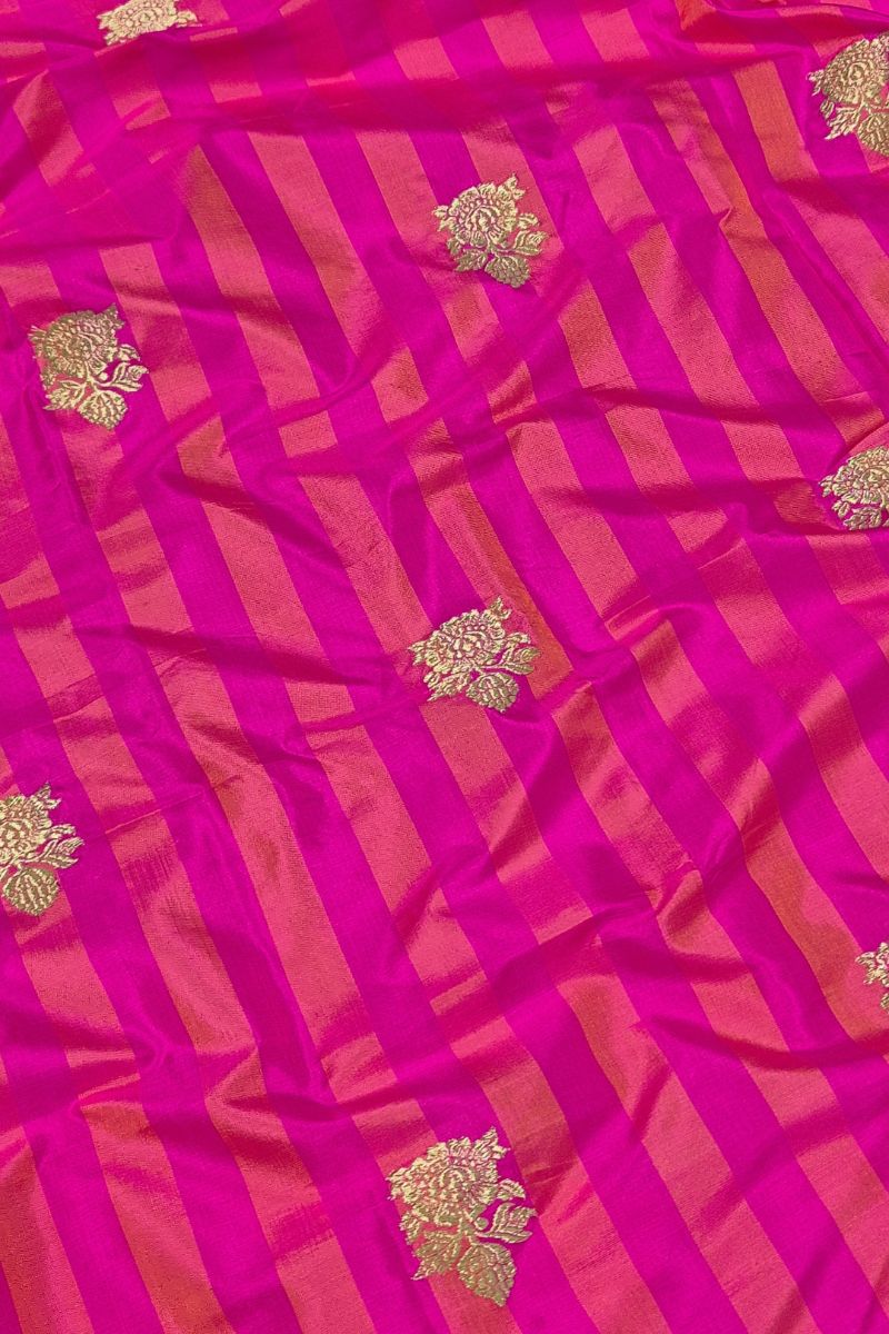 Nirvana Handloom Katan Silk with Gold Zari Buta Fabric - Pink
