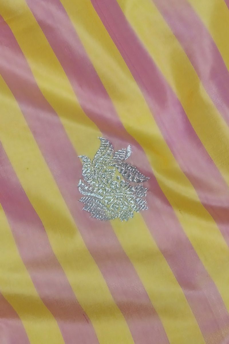 Nirvana Handloom Katan Silk with Gold Zari Buta Fabric - Yellow & Pink