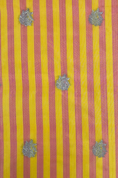 Nirvana Handloom Katan Silk with Gold Zari Buta Fabric - Yellow & Pink