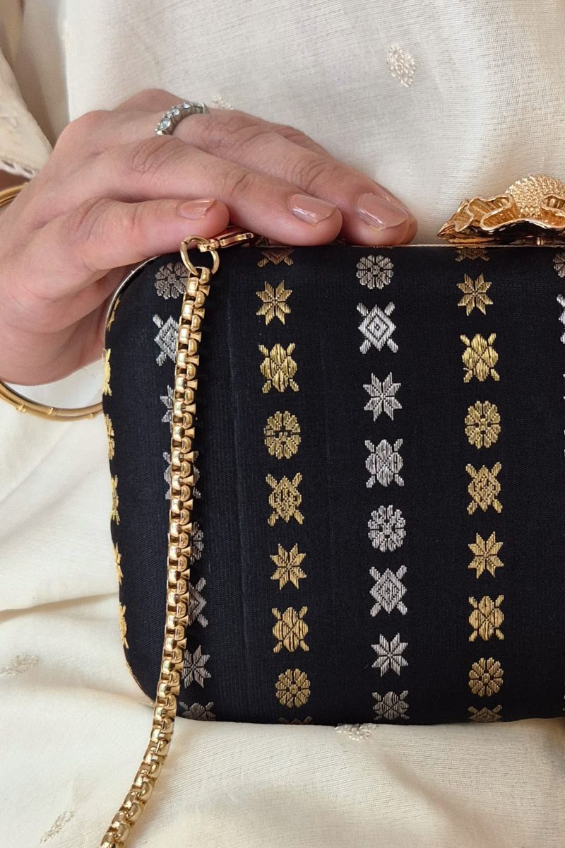 Palki Pure Kanchi Silk Clutch - Black