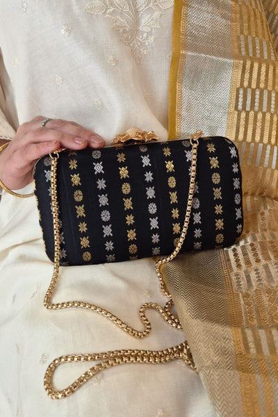 Palki Pure Kanchi Silk Clutch - Black