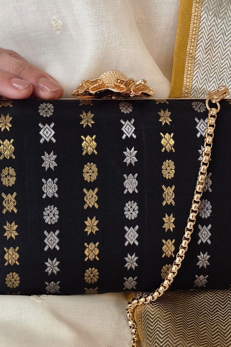 Palki Pure Kanchi Silk Clutch - Black