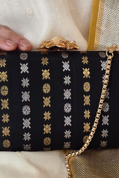 Palki Pure Kanchi Silk Clutch - Black