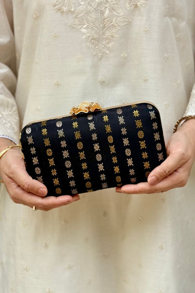Palki Pure Kanchi Silk Clutch - Black