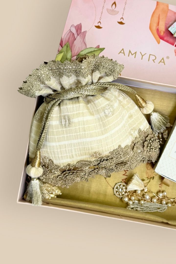 Rakhi Hamper - Parijat Silk Potli - Off-White - Care & Accessory Box